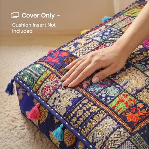 THE ART BOX Cotton Patchwork Vintage Boho Embroidered Floor Pillows & Cushion Cover Dog Pouf Seating Pouf Meditation Pillow Pet Bedding Cat Bed Boho Home Décor (35x35 Inches, Cover Only) - color: Blue
