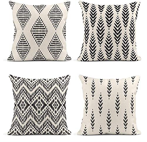 ArtSocket Set of 4 Throw Pillow Covers Ikat Tribal and Boho Bohemian Black Ethnic Herringbone for Ideas Decor Linen Outdoor Pillow Cases Home Decorative Square 24x24 Inches Pillowcases - size: 24" x 24" (Pack of 4)