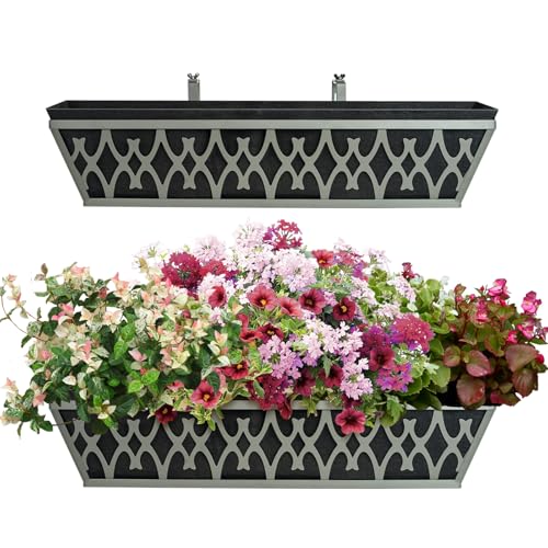 2 Pack 24 Inch Window Boxes Planters Railing Planter Box with Adjustable Brackets & Non-Woven Fabric Plant Grow Bags Deck Railing Planter Boxes Balcony Hanging Flower Box for Outdoor Plants - color: 2 Pack-grey, size: 24 Inch