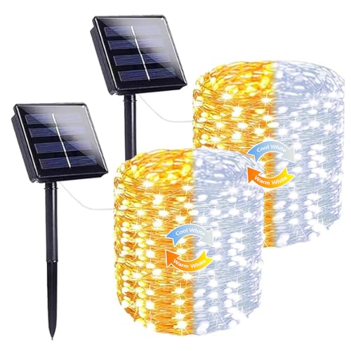Warm White and Cool White Color Changing Solar String Lights for Outside, 2 Pack 400LED Solar Fairy Lights Outdoor Waterproof, Copper Wire with 8 Modes Solar Twinkle Lights for Tree Garden Party - color: Warm White to Cool White, size: 2 Pack-400LED