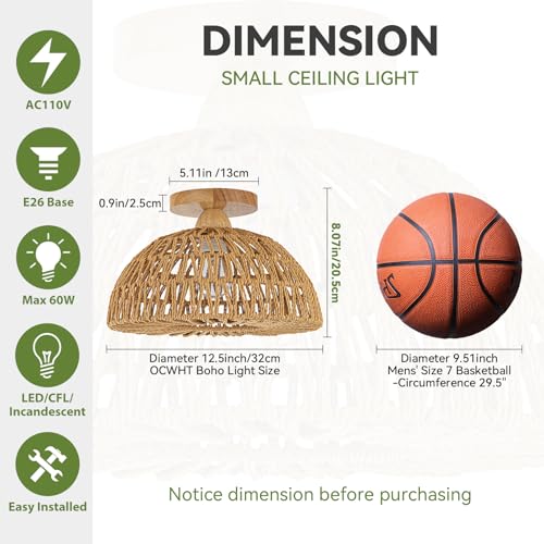 Boho Ceiling Light Fixtures,Rattan Light Fixture,Small Boho Chandelier Hand Woven Ceiling Light with Wooden Base,Rattan Flush Mount Ceiling Lights for Bedroom Hallway Kitchen Entryway Nursery - color: Brown-B