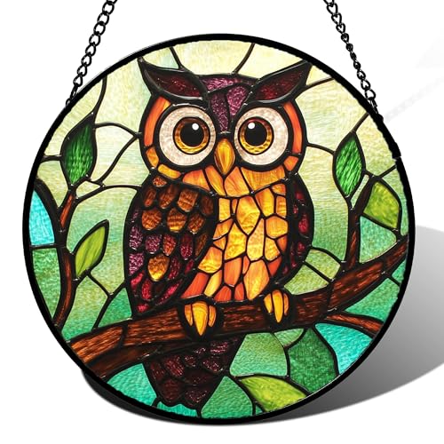 Stained Glass Window Hanging - Owl on a Branch Suncatcher for Doors Window Home Orange Brown Sun Catchers Decor Christmas Mother's Day Birthday Gifts for Teacher Women Men Mom Nana 7.8 in - color: Green and Brown, size: 7.8x7.8 IN