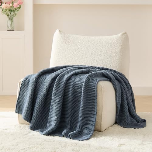 Blue Throw Blanket, Knit Throw Blanket for Couch, Soft Cozy Stretchy Reversible Garter Knitted Blankets for Bed, 50"x60", Dusty Blue - color: Dusty Blue, size: 50"x60"
