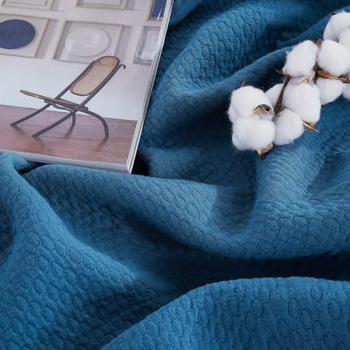 Premium 100% Cotton Blanket – All-Season Soft Breathable Bed Blanket for Throw Size – Lightweight Stylish Textured Throw for Bed– Giftable Cozy Bedding - color: Blue, size: Throw (50"x60")