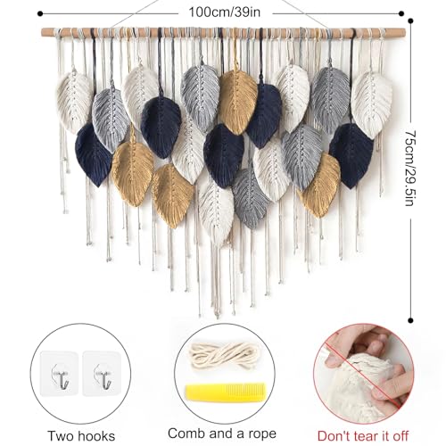 Alynsehom Large Macrame Wall Hanging, Boho Handmade Leaf Feather Bohemian Woven Tapestry, Chic Wall Art Home Decor for Bedroom Living Room Nursery Apartment Decorations(39" W x 29.5" L) - color: Dark Blue-39"W x 29.5"L