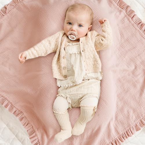 Konssy Flounce Muslin Baby Blanket for Girls Boys, 100% Cotton Soft Crib Swaddle Blankets, Reversible & Breathable Nursery Bedding for Newborns Toddlers, 43 x 39 Inches (Pink) - color: Pink, size: 43"x39"