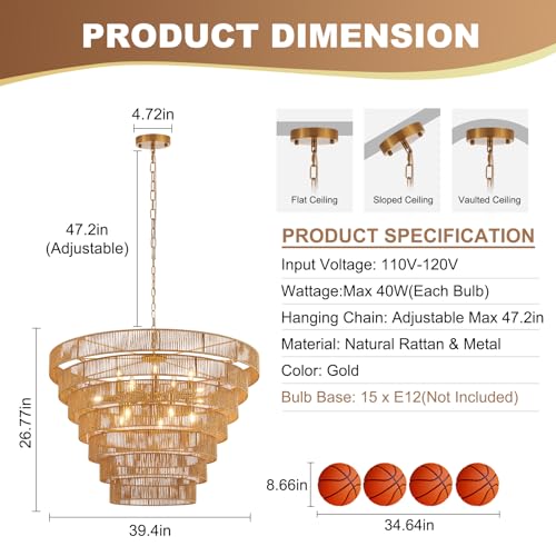 39.4" Large Rattan Chandelier 15-Lights Farmhouse Boho Woven Bamboo Chandelier Rustic Drum Wicker Rattan Golden Chandeliers for Dining Room, Kitchen, Living Room, Entryway, E12 - color: Gold 39IN