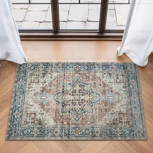 Bloom Rugs Washable Non-Slip 2x3 Rug - Terracotta/Blue Traditional Oriental Area Rug for Living Room, Bedroom, Dining Room, and Kitchen - Exact Size: 2' x 3' - color: Terracotta / Blue, size: 2' x 3' (Rectangular)
