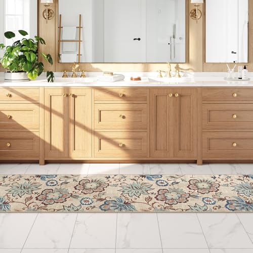 Beeiva Floral Hallway Runner Rug, Vintage Beige 2.5x12 Lightweight Kitchen Rugs Non Slip Washable, Printed Distressed Ultra Thin Foldable Rug Runner for Bedroom Bathroom - color: Cream, size: 2'5" x 12' (Rectangular)