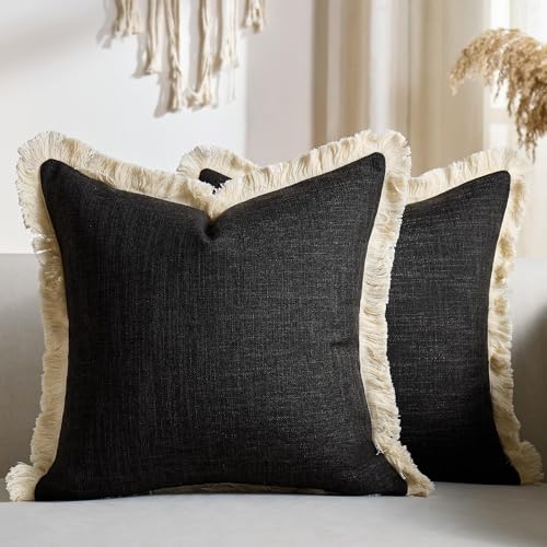Boho Pillow Covers 20x20 Faux Linen Couch Pillow Covers Farmhouse Rustic Decorative Pillows Case with Fringe Black Square Cushion Covers for Sofa Bedroom Living Room Home Decor Set of 2 - color: Black, size: 20" x 20" (Pack of 2)