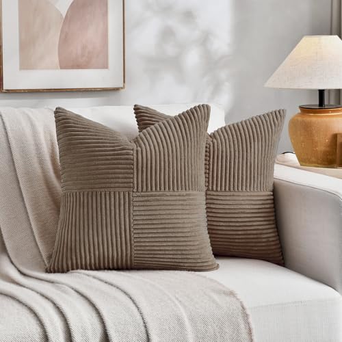 Fancy Homi Set of 2, Light Brown Patchwork Corduroy Decorative Soft Striped Modern Accent Cushion Case Farmhouse Boho Neutral Throw Pillow Covers for Chair Couch Bed Sofa Living Room 12x12 Inch - color: Light Brown, size: 12" x 12" (Pack of 2)