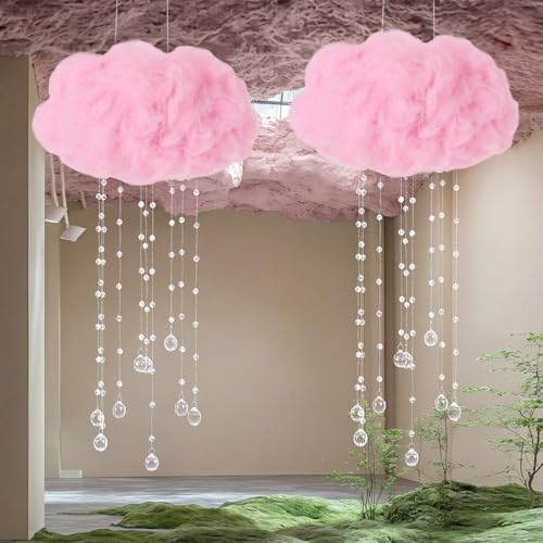 Marsui Artificial Cloud Props LED Hanging Pink Light String Fake Imitation 3D Cotton Cloud Classroom School Decor Raindrop for Room Ceiling Baby Shower Party Wedding Nursery Wall DIY Decor(2 Pcs) - color: Pink