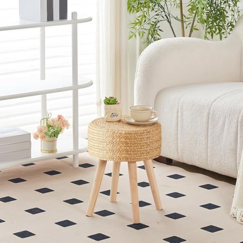 Cpintltr Round Ottoman Footstool Foot Stool Pouf Ottomans with Solid Wood Legs Hand Weave Hyacinth Footrest Step Stool for Living Room Balcony Garden Natural Hyacinth Seagrass - color: Hyacinth Seagrass