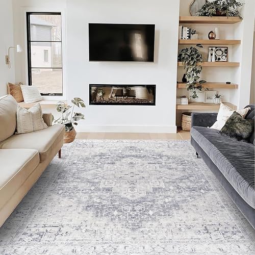 BILEEHOME Cream and Slate Grey Area Rug 6x9 for Bedroom Living Room Floor Washable Boho Pattern Geometric Rug to Match Gray Couch for Dining Room, 6 x 9 - color: Slate Gray/Cream, size: 6' x 9' (Rectangular)