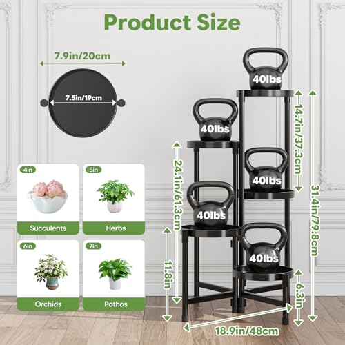 Simple Trending Plant Stand Indoor Outdoor, 5-Tiers Metal Corner Shelf, Tall Display Rack with 5 Rotating Trays, Heavy Duty Flower Holders for Patio Garden Balcony Living Room Bedroom, Black