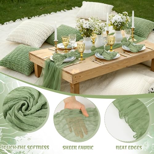 Beeveer 91 x 71 Extra Large Outdoor Boho Picnic Blanket with Sage Green Table Runner, 6 Throw Pillow Covers 6 Napkins Woven Cotton Yarn Oversize Beach Blanket Washable Picnic Camp Wedding - color: Sage Green