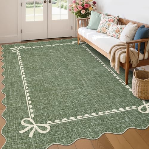 GarveeHome Scalloped Bow Rug for Living Room, Solid Green Rug for Dorm, Washable Rugs 6x9 Soft Low Pile Non Slip Scalloped Rugs for Nursery College Bedroom Decor Kids Room Playroom - color: Green, size: 6' x 9' (Rectangular)