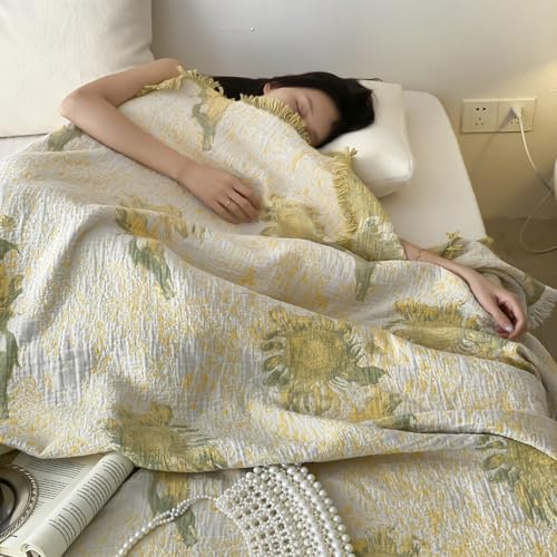 Lemfux 4-Layer Cotton Muslin Throw Blanket, Boho Floral Reversible Blanket with Fringe, Soft Breathable Lightweight Cooling Blanket for Bed Sofa Couch, All Season Decorative Bed Cover 60"x80" - color: Sunflower Floral, size: 60"x80"