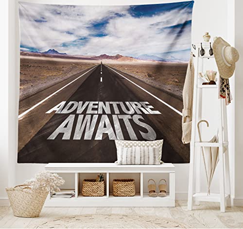Ambesonne Saying Tapestry, Typography on the Asphalt Clouds and Sky Road Trip Theme Adventure Concept, Wide Wall Hanging for Bedroom Living Room Dorm, 80" X 60", Brown Blue - color: Brown Blue, size: 80"L x 60"W