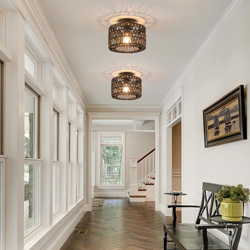 Rpzloila Rattan Ceiling Light, 1 Light Farmhouse Woven Flush Mount Ceiling Light, Boho Light Fixture for Bedroom Living Room Hallway Entryway, Black Finish - color: Black, size: 1-Light-Round