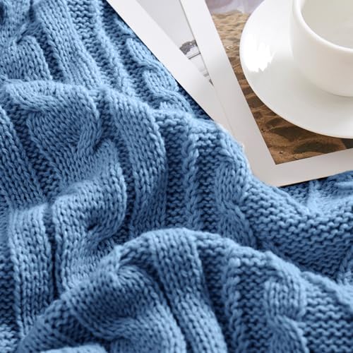 Aormenzy Dusty Blue Cable Knit Throw Blanket Queen Size for Bed Couch Sofa, Super Soft Cozy Knitted Blanket 90" x 90" Bed Blankets Full Size - color: Dusty Blue, size: 90" x 90", Queen