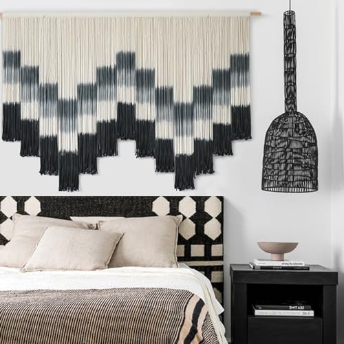 Flber Macrame Wall Hanging 57" W x 35" L Tie-Dye Geometric Decor Large Scale Wall Art Boho Yarn Tapestry Home Wall Décor - color: Black & Grey