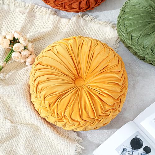 Drydiet 1 Pcs Round Throw Velvet Pillows Decorative Pleated Throw Pillows Diameter Accent Pumpkin Boho Chair Cushion for Couch Sofa Home Decoration (Yellow,15'') - color: Yellow, size: 15''