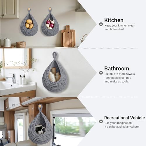 Hanging Fruit Baskets for Kitchen, 3 Pack Boho Cotton Rope Handwoven Vegetable Storage Wall Mounted Large Organizing Basket for Farmhouse Decor, Onion, Potato, Garlic and Plants - color: Grey