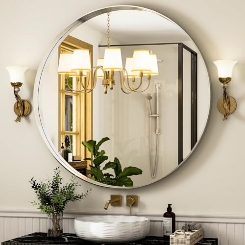24 Inch Round Bathroom Mirror - Wall Mounted Circle Mirror with Metal Frame, Modern Mirror Suitable for Bathroom, Vanity, Entryway, Living Room, Wall Decor,Silver - color: Silver, size: 24"L x 24"W