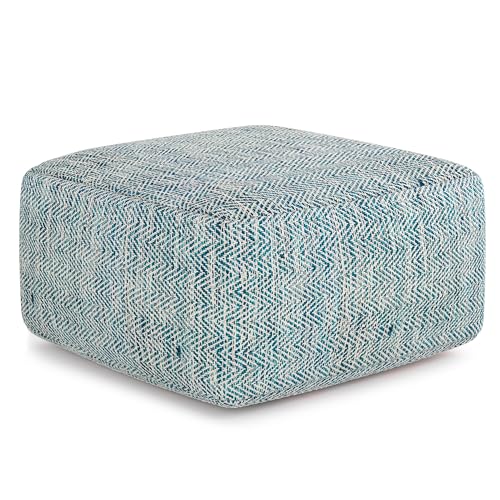 SIMPLIHOME Nate Square Pouf - 20 inch Wide Upholstered Handwoven Cotton Ottoman in Patterned Teal Melange, Boho Footstool or Extra Seating for Living Room with Artisanal Texture, Assembled - color: Patterned Teal Melange, style: Cotton Pouf