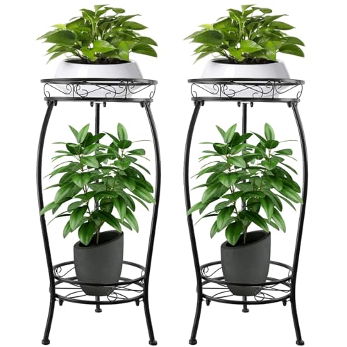 2 Pack Plant Stand Indoor Outdoor, 27.1" Tall 2-Tier Metal Plant Stand, Heavy Duty Plant Holder with Rustproof Finish, Space-Saving Corner Plant Shelf for Patio, Balcony, Garden & Living Room
