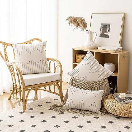 LILEPOY Boho Throw Pillow Covers 20x20 Set of 2 Neutral Decorative Textured Cushion Case Farmhouse Pillowcase Modern Square Pillow Covers for Sofa,Couch, Living Room,Beige and Grey - color: Beige and Grey, size: 20" x 20" (Pack of 2)