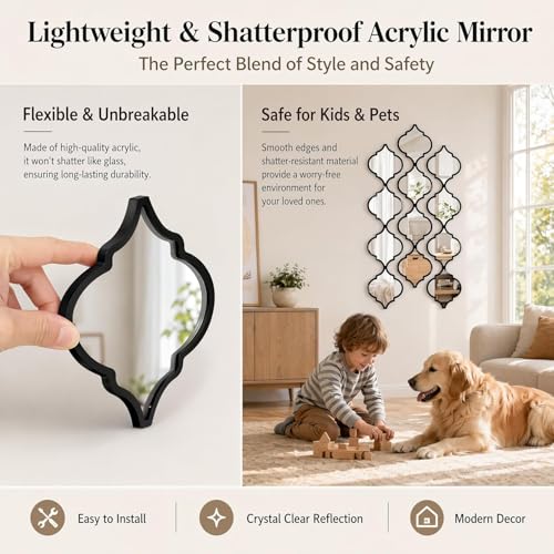 12Pcs Acrylic Mirrors for Wall Decor - Moroccan Mirrors wall Stickers,DIY Self-Adhesive Decorative Mirror Tiles for Living Room, Bedroom, Office, and Wedding Party Decor - color: Black