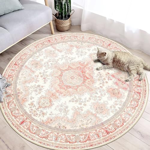 Pink Round Rug 4ft, Circle Washable Area Rugs for Bedroom Bathroom Entryway, Small Boho Vintage Bohemian Distressed Oriental Floral Carpet Non Slip,Blush Floral - color: Rug11-pink, size: 4'x4'