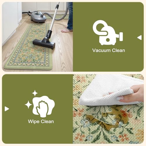 Collive Anti Fatigue Mat for Kitchen Floor, Green Floral Kitchen Mats for Floor Set of 2, Cushioned Waterproof Sink Rugs Non Slip Comfort Standing Rug for Office, Laundry, Desk - color: Green, size: 17.3"x47"+17.3"x29"