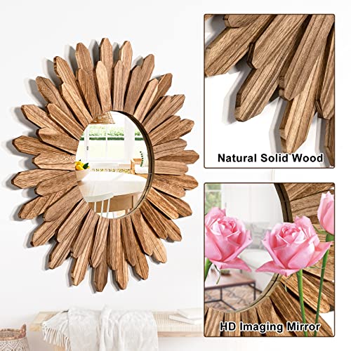 Emfogo Wall Mirror 21 inch Rustic Wood Sunburst Boho Mirror Wall Decor Home Decor for Bedroom Living Room Entryway Farmhouse (Carbonized Black) - color: Carbonized Black, size: 21"L x 21"W
