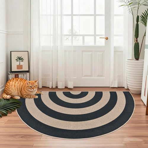Faux Jute Rug 2.6x5Ft Half Circle Rainbow Doormat Easy Jute Carpet for Farmhouse Bedroom Kitchen, Non-Slip Half Round Neutral Floor Mat for Living Room Kids Room Indoor Outdoor Decor, Black 2 - color: Black 2, size: 2.6'x5'