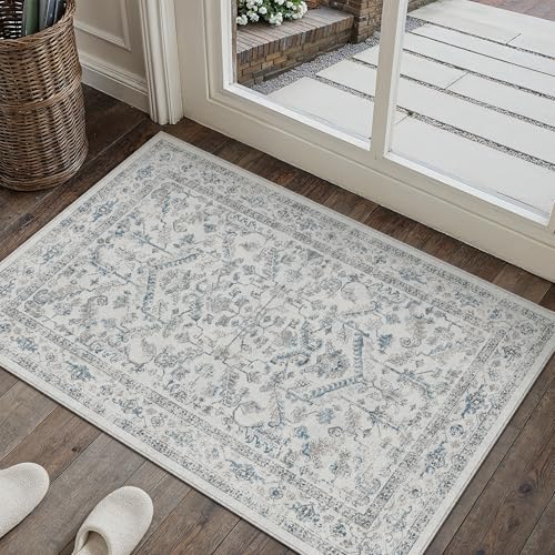 PureCozy Blue 2x3 Entryway Rug Vintage Area Carpet Indoor Kitchen Washable Door Mat Entrance Small Low Pile Traditional Distressed Retro Accent Throw Rug Non Slip Office Bathroom - color: Neutral Blue, size: 2' x 3' (Rectangular)