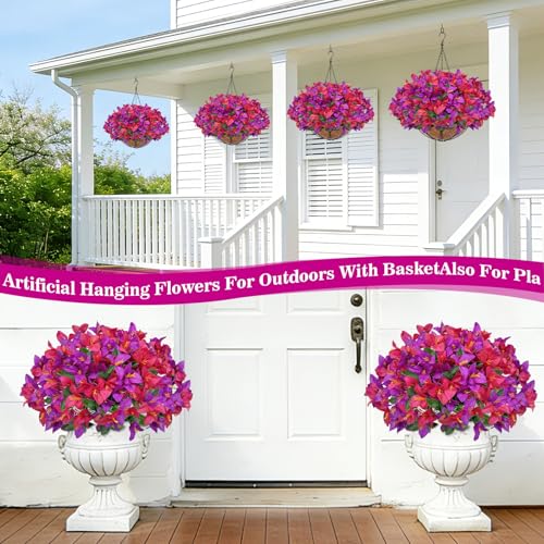 Artificial Fake Hanging Flowers Plants Baskets for Outdoors, Faux Silk Bougainvillea in Planter UV Resistant Realistic Spring Summer Decoration for Outside Porch Patio Yard Home Decor (Purple Hotpink) - color: 1 Set – Purple & Hot Pink Bougainvillea