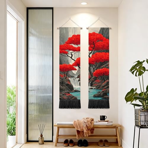 seewan 2 Pack Long Vertical Wall Tapestry, Boho Nature Landscape & Floral Aesthetic Wall Hanging for Bedroom Living Room Home Decor, Long Narrow Art Tapestry with Sunrise Mountain Botanical Designs, 13" × 51" (Scarlet Maple Scene, 13"Wx51"H, Unframed) - c