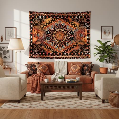 Fowocu Orange Sun and Moon Tapestry Wall Hanging, Indie Hippie Mandala Cool Wall Tapestries, Aesthetic Tapestry for Bedroom Living Room Dorm (Orange, 60'' × 80'') - color: Orange, size: 80"L x 60"W