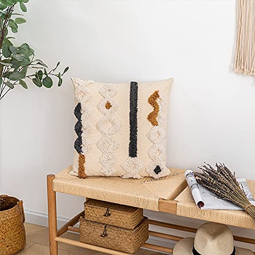 Beige Cream Boho Woven Tufted Throw Pillow Cover,Morocco Gray Brown Geometric Stripes Textured Indian Tribal Decorative Pillowcase,Farmhouse Cushion Cover for Bedroom Living Room Couch.18x18Inch - color: E