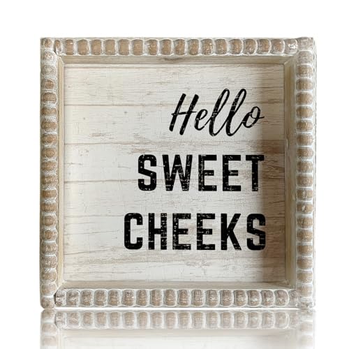 Boho Farmhouse Wooden Framed Bathroom Decor Signs, Funny Restroom Decorative Plaque Small Cute, Toilet Rules Shelf Decoration (Hello Sweet Cheeks) - color: Hello Sweet Cheeks