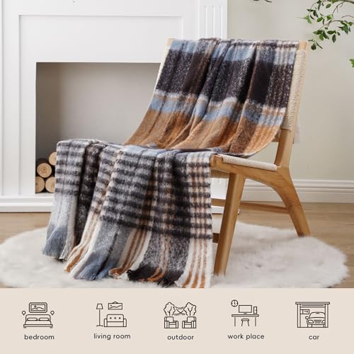 Battilo Plaid Throw Blanket for Couch Bed, Soft Mohair Tartan Plaid Blanket, Farmhouse Style Checkered Pattern, Bluish Grey Throw Blankets for Home Decor(50"x60") - color: Bluish Grey