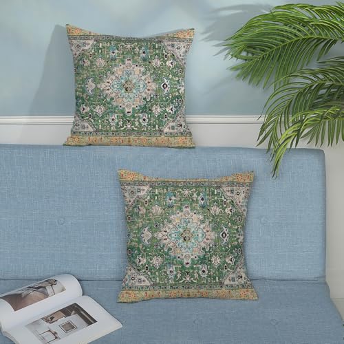 Boho Pillow Covers 18x18 Set of 2 Vintage Green Floral Carpet Throw Pillow Covers Decoration Outdoor Bohemian Rug Pattern Decorative Pillowcase Farmhouse Linen Cushion Cover for Home Couch - color: Boho-green-3, size: 18" x 18" (Pack of 2)