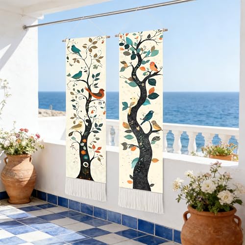 seewan 2 Pack Long Vertical Wall Tapestry, Boho Nature Landscape & Floral Aesthetic Wall Hanging for Bedroom Living Room Home Decor, Long Narrow Art Tapestry with Sunrise Mountain Botanical Designs, 13" × 51" (Boho Tree, 13"Wx51"H, Unframed) - color: Boho