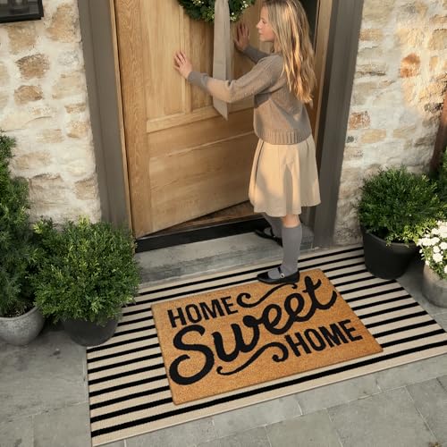 KIMODE Front Door Mats 24"x51", Machine Washable Farmhouse Front Porch Rug Decor, Striped Layered Door Mats Outdoor, Cotton Hand Woven Entryway Rug for Entry, Doorway, Kitchen Black and Khaki - color: Black/Khaki Stripes, size: 2' x 4'3" (Rectangular)