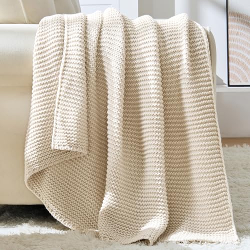 Cable Knit Throw Blanket for Couch, Beige Throw Blanket, Soft Cozy Stretchy Reversible Garter Knitted Blankets for Bed, 50"x60", Light Beige - color: Beige, size: 50"x60"