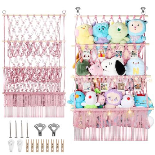 3 Tier Hanging Stuffed Animal Storage Shelf, 24x39 Inch Large Stuffed Animal Organizer Display for Mini Medium Stuffy Teddy, Pink Boho Macrame Stuffy Storage w/ LED Light & Clips for Kids Girls Boys - color: Light Pink, size: Large-3 Tier-24x39 Inch