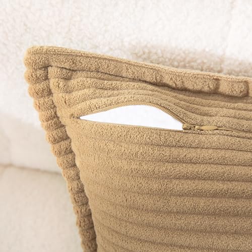 Corduroy Beige Throw Pillow Covers Set of 2 Striped Boho Decorative with Edge Design,Super Soft Khaki Throw Pillow Cushion Covers for Couch Sofa Living Room Solid Square 18×18inch,Light Brown - color: Beige, size: 18" x 18" (Pack of 2)